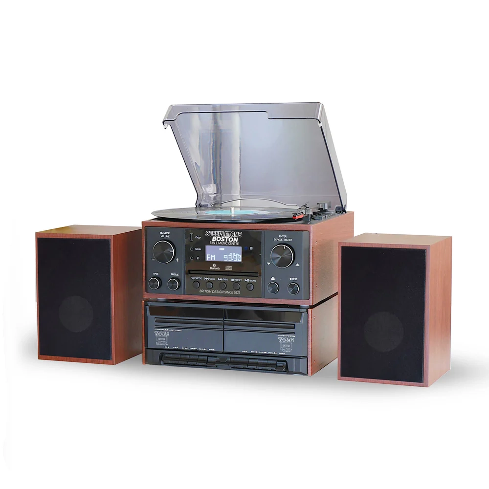 Steepletone Boston 5-in-1 Music System with CD Player Bluetooth Playback & USB Recording (Black & Wood)