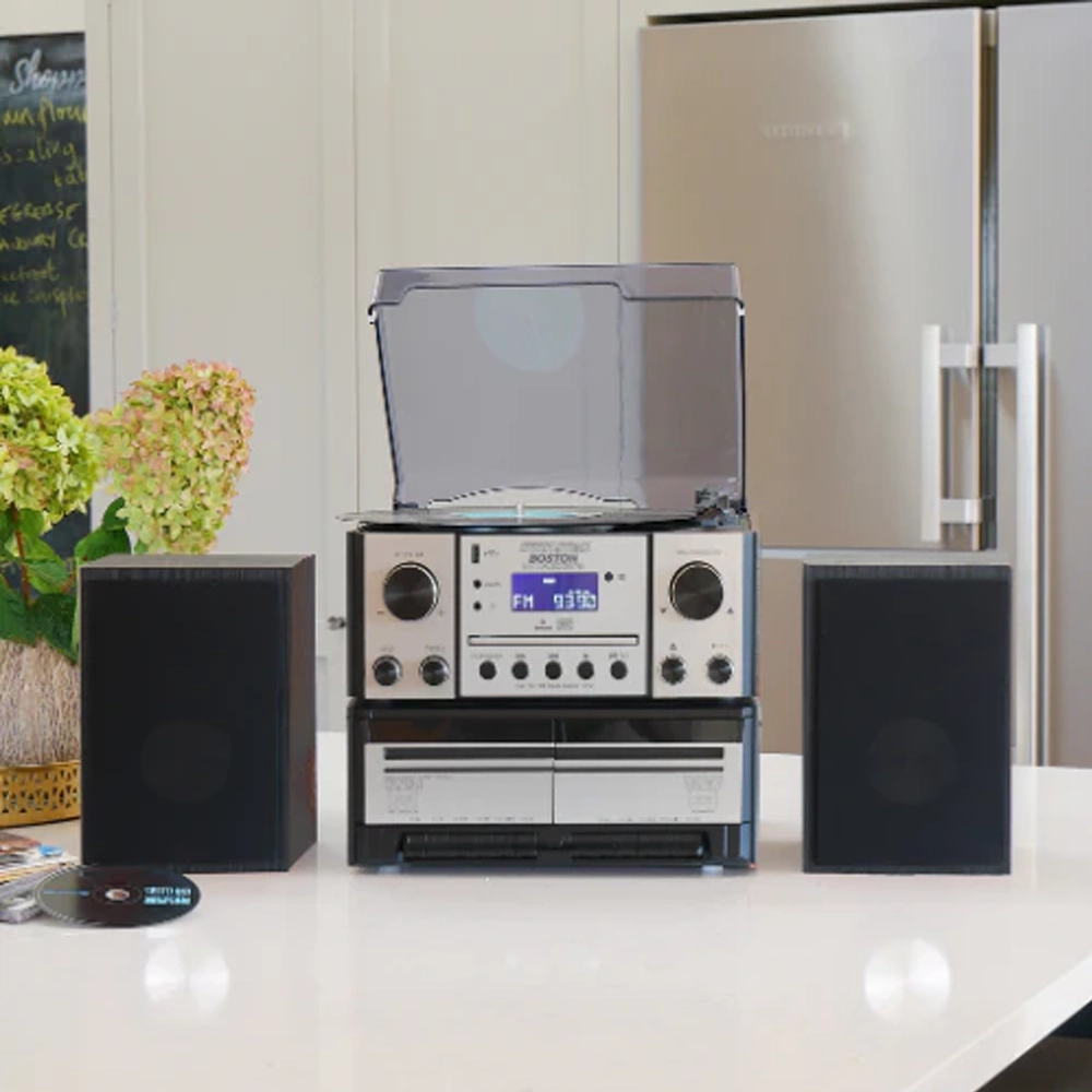 Steepletone Boston 5-in-1 Music System with CD Player Bluetooth Playback & USB Recording (Silver & Black)