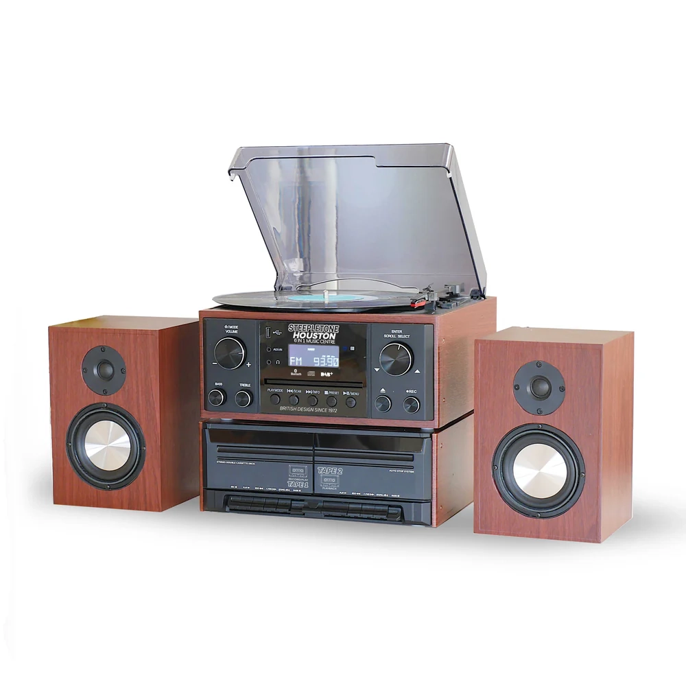 Steepletone Houston 6-in-1 Music System with CD Player, Bluetooth, DAB+/FM & USB Wireless Speakers (Black & Wood)