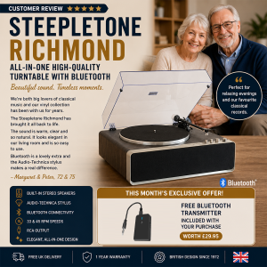 Steepletone Richmond All-in-One High-Quality Turntable Record Player with Audio-Technica Stylus & Bluetooth