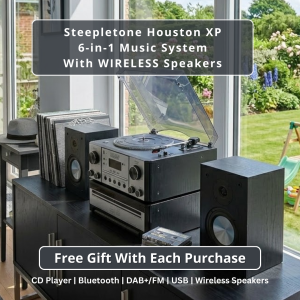 Steepletone Houston XP 6-in-1 Music System with CD Player Bluetooth DAB+/FM & USB Wireless Speakers (Silver & Black)