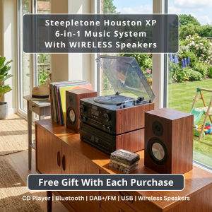 Steepletone Houston XP 6-in-1 Music System with CD Player Bluetooth DAB+/FM & USB Wireless Speakers (Black & Teak)