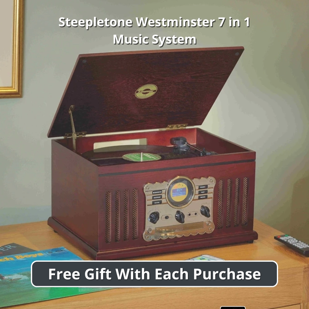 Steepletone Westminster 7 in 1 Bluetooth 3-Speed Nostalgia Record Player DAB+ FM Radio CD Player with Bluetooth