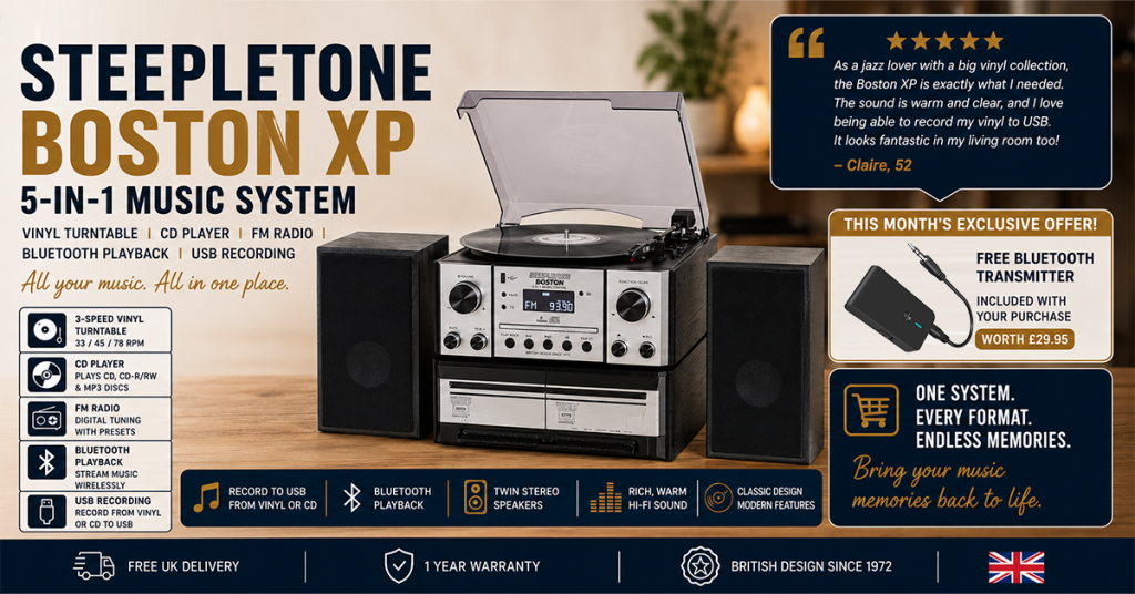 Steepletone Boston XP 5-in-1 Music System with CD Player Bluetooth Playback & USB Recording (Silver & Black)