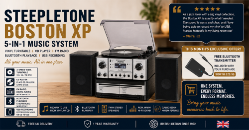 Steepletone Boston XP 5-in-1 Music System with CD Player Bluetooth Playback & USB Recording (Silver & Black)