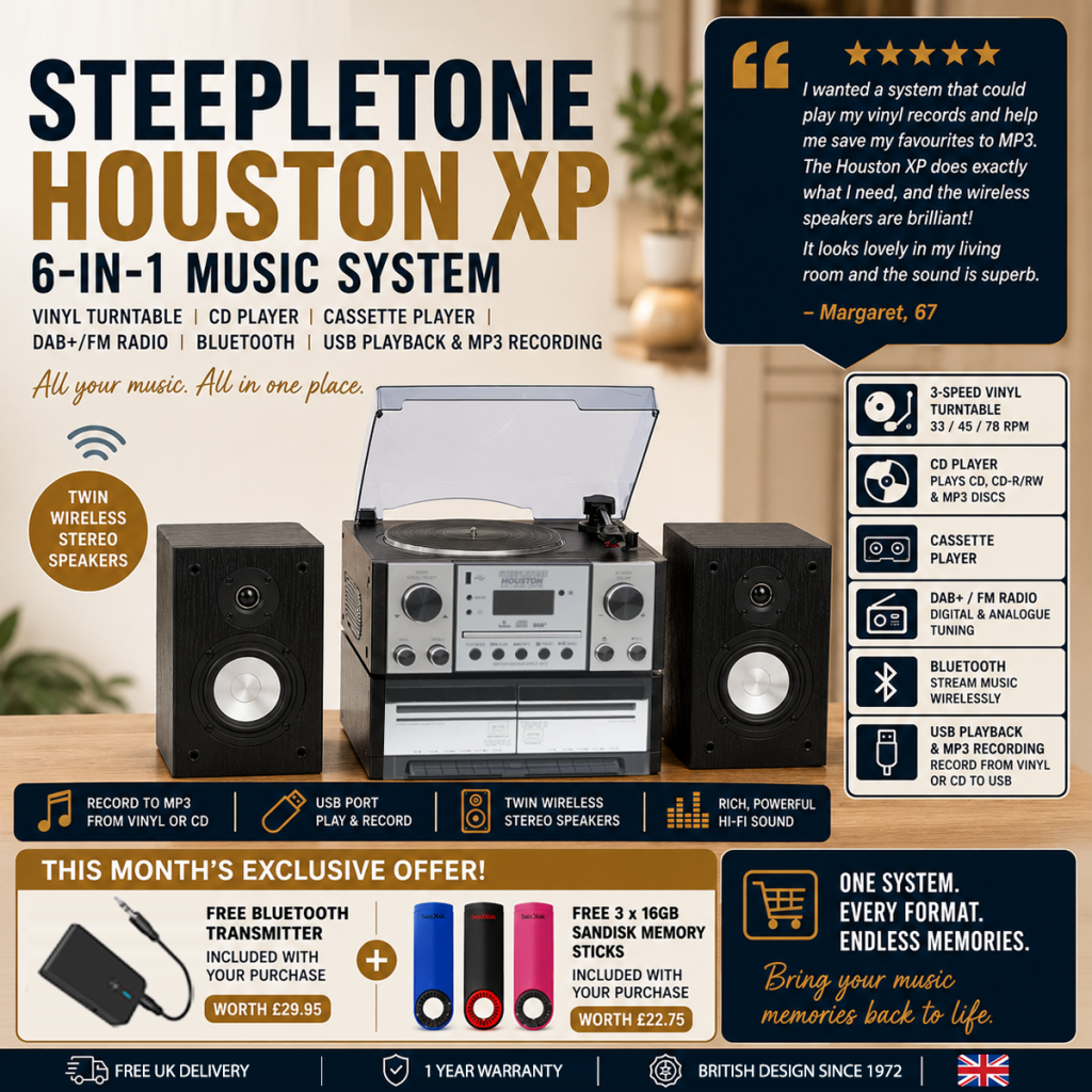 Steepletone Houston XP 6-in-1 Music System with CD Player Bluetooth DAB+/FM & USB Wireless Speakers (Silver & Black)