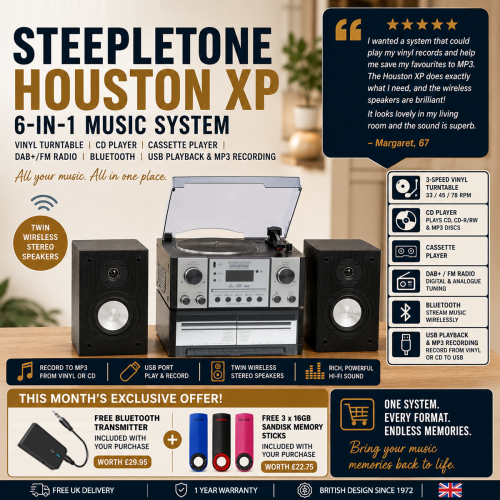 Steepletone Houston XP 6-in-1 Music System with CD Player Bluetooth DAB+/FM & USB Wireless Speakers (Silver & Black)
