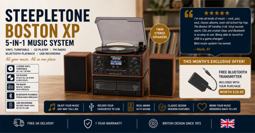 Steepletone Boston XP 5-in-1 Music System with CD Player Bluetooth Playback & USB Recording (Black & Wood)