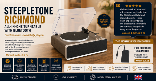 Steepletone Richmond All-in-One High-Quality Turntable Record Player with Audio-Technica Stylus & Bluetooth