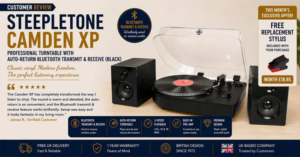 Steepletone Camden XP Professional Turntable with Auto-Return Bluetooth Transmit & Receive (Black)