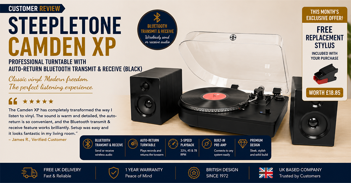 Steepletone Camden XP Professional Turntable with Auto-Return Bluetooth Transmit & Receive (Black)