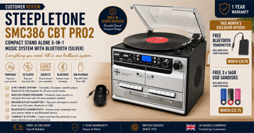 Steepletone SMC386 CBT PRO2 Compact Stand Alone 5-in-1 Music System with Bluetooth (Silver)